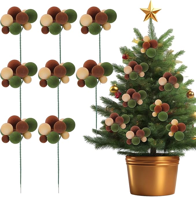 8 Pcs Neutral Velvet Christmas Tree Picks 7.87 Inch Christmas Balls Ornaments Xmas Hanging Decorations for Xmas Tree Topper DIY Wreath Holiday Floral Vase Fillers Crafts Home Decor
