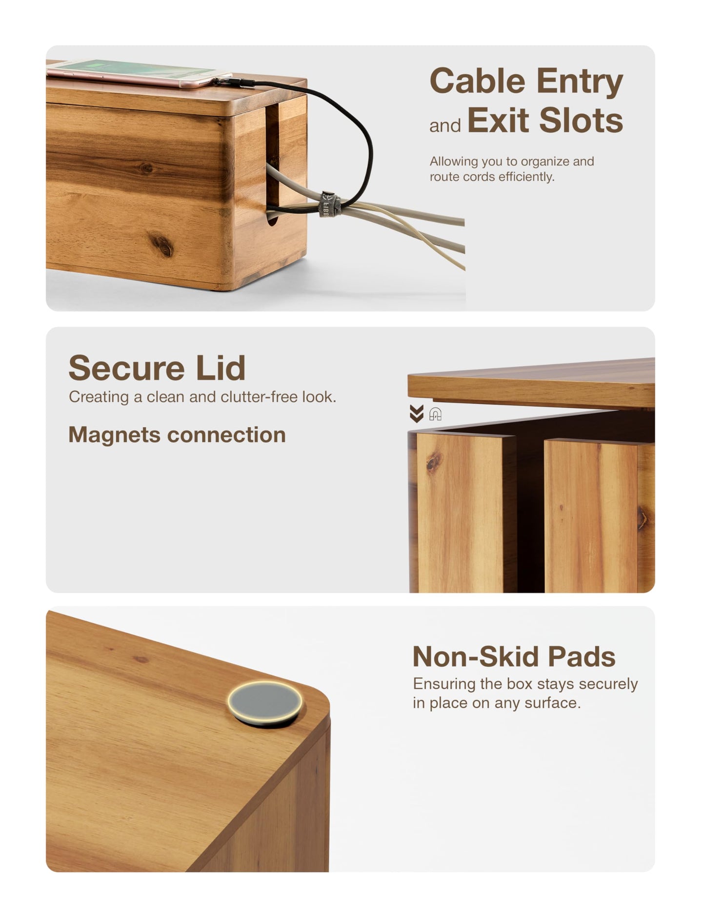 TIDITA Acacia Wood Cable Management Box Round Edge - 16" L Wooden Cable Organizer Box for Electrical Hiding Cord Management - Power Strip Hider Cable Storage Box for Office, Router Wires, Under Desk