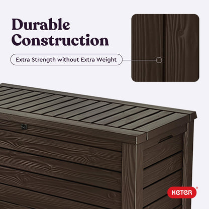 Keter Outdoor Storage Deck Box, 150 Gallon Resin Patio Bin & Bench, Wood Grain, Brown