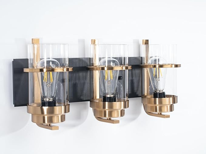 Black Gold Vanity Lights,3 Lights Bathroom Light Fixtures,Gold Finish Industrial Modern Wall Sconces 3 Lights,Bathroom Wall Lights(Bulbs not Included)