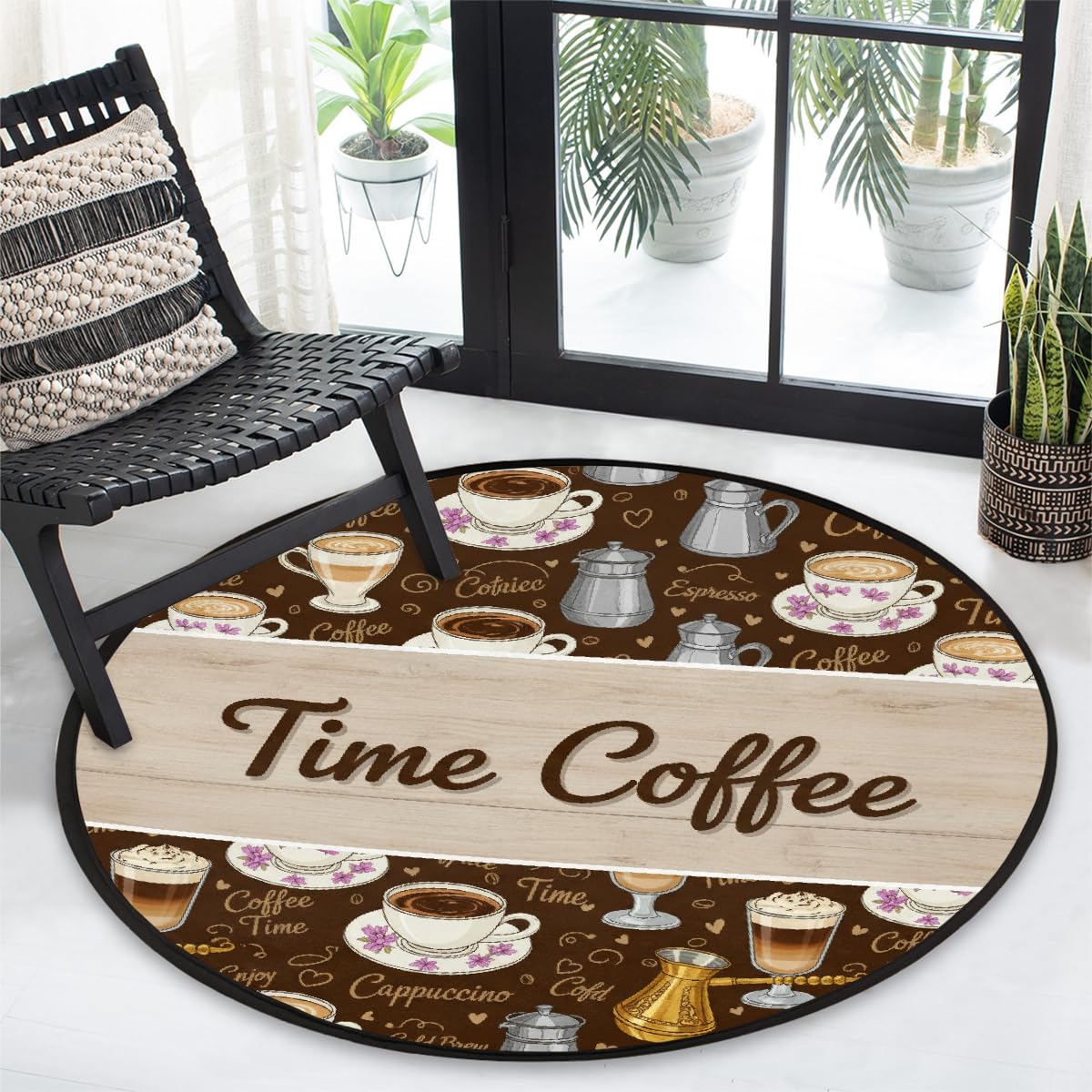 Round Area Rug 5Ft - Coffee Time Circle Entryway Rugs No Slip Washable Indoor Floor Throw Rug Carpet for Living Room Sofa Bedroom Under Dining Table, Aesthetic Decor