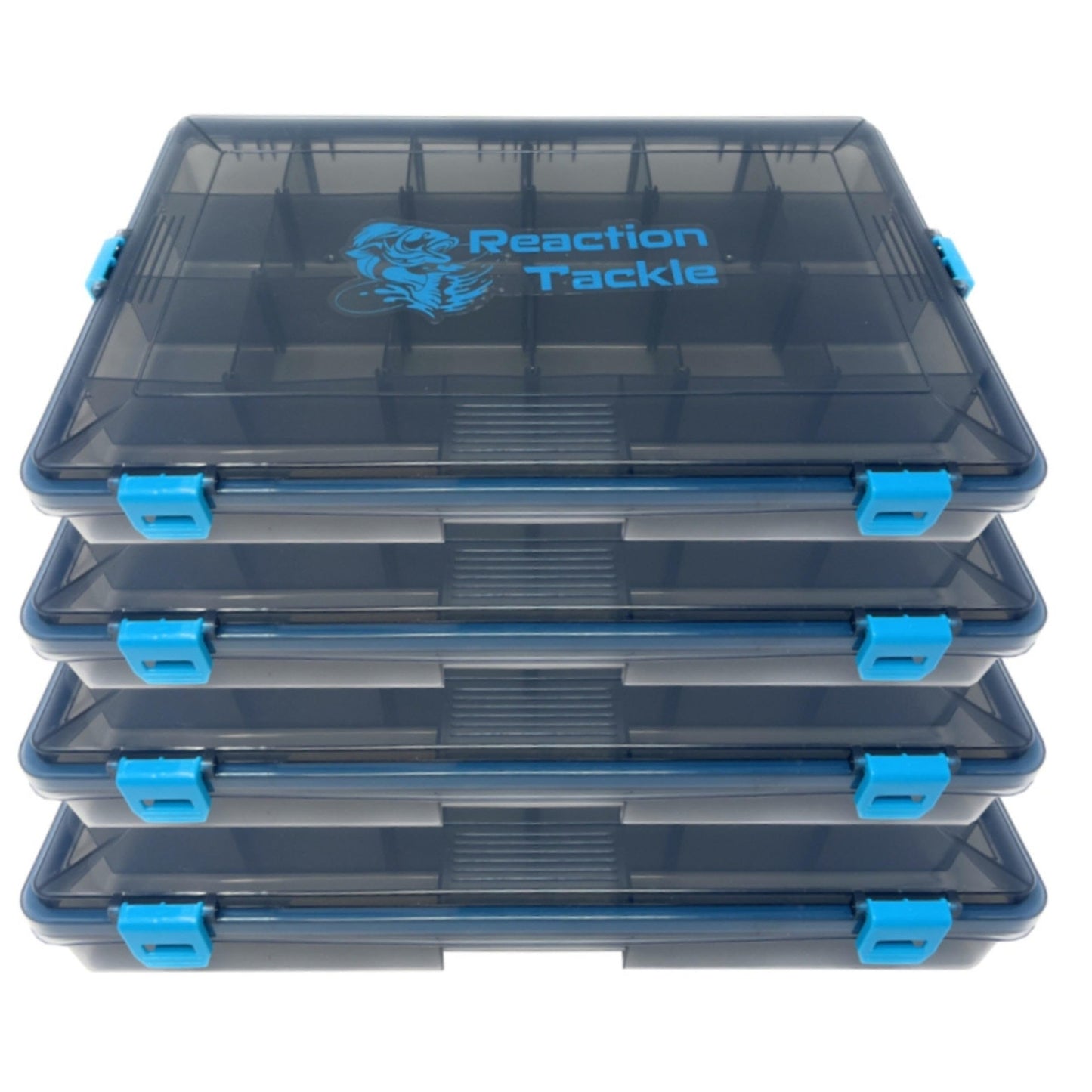 Reaction Tackle Standard Tackle Trays, Plastic Tackle Box Organizers with Four Secure Latches, Removable Dividers and Semi Transparent Lid for Fishing Storage - 3700 (4-Pack)