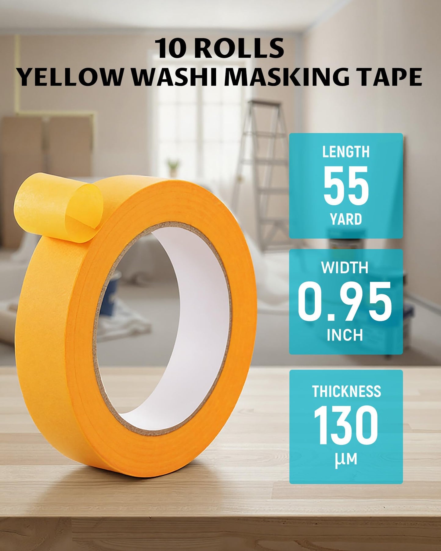Lichamp 10 Bulk Pack 1 Inch Yellow Washi Tape, Decorative Paper Tape for DIY Crafts & Artist Arts, Painting, Decoration, 0.95 inch x 55 Yard per Roll, 10 Rolls, 1010YE (Total 550 Yards)