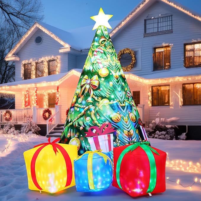 GOOSH 11.8 FT Christmas Inflatables Tree Outdoor Decorations Blow Up Christmas Tree Gift Box Yard with Colorful Light for Holiday Party Indoor Garden Lawn Decor (Yellow)