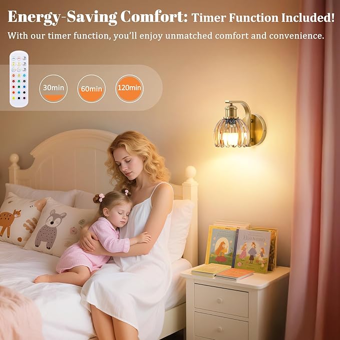 VerRon Rechargeable Battery Operated Wall Sconce Set of Two with Amber Glass Lampshade, Wireless Wall Scone Decor with Remote Control, 15 Colors Gold Wall Light for Bedside Hallway Bedroom Doorway