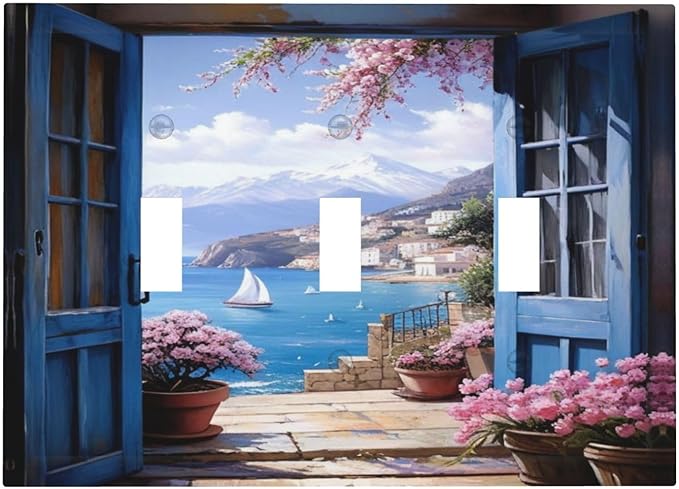 Decorative Art Light Switch Covers Seaside Window View 3 Gang Triple Toggle Wall Plate Decorative Switch plate Electrical Faceplate for Home Decor