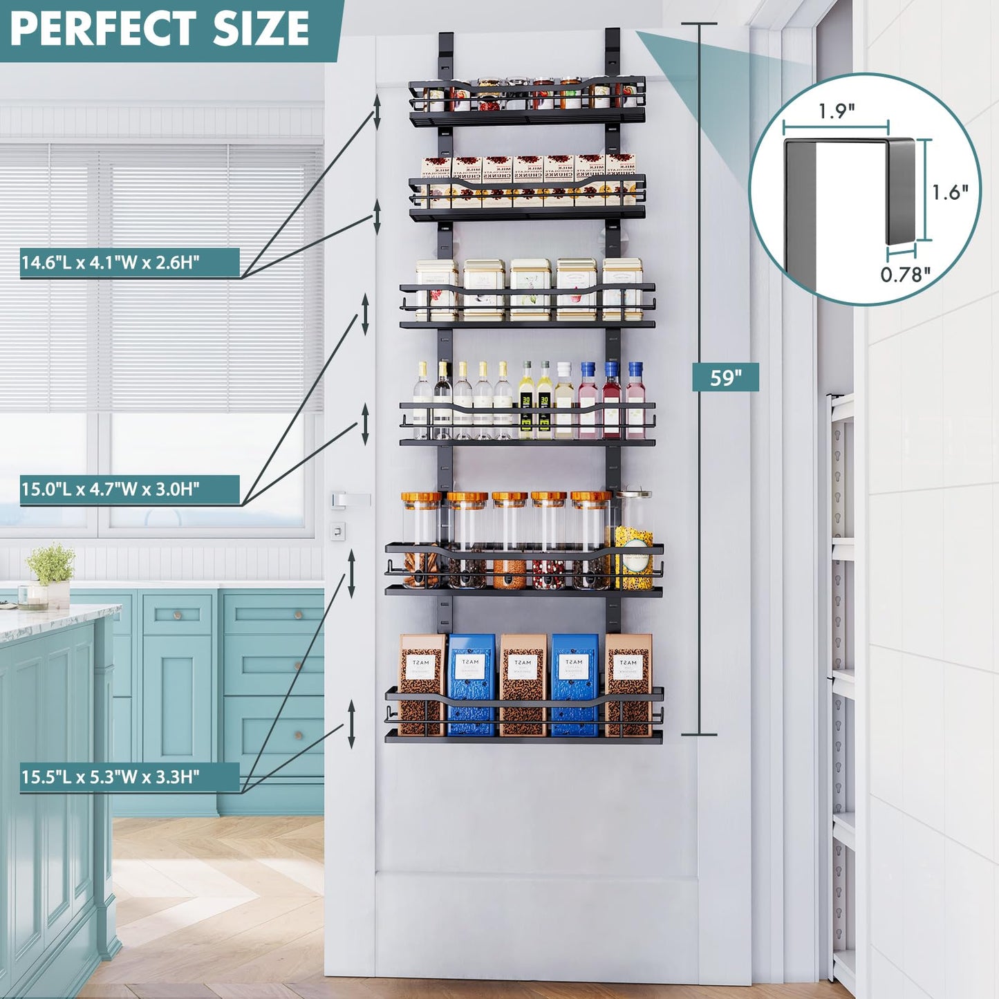 Over The Door Pantry Organizer，9-Tier Over The Door Organizer with Adjustable Basket，Metal Hanging Pantry Organizers and Storage for Kitchen, Back of Door Seasoning Rack