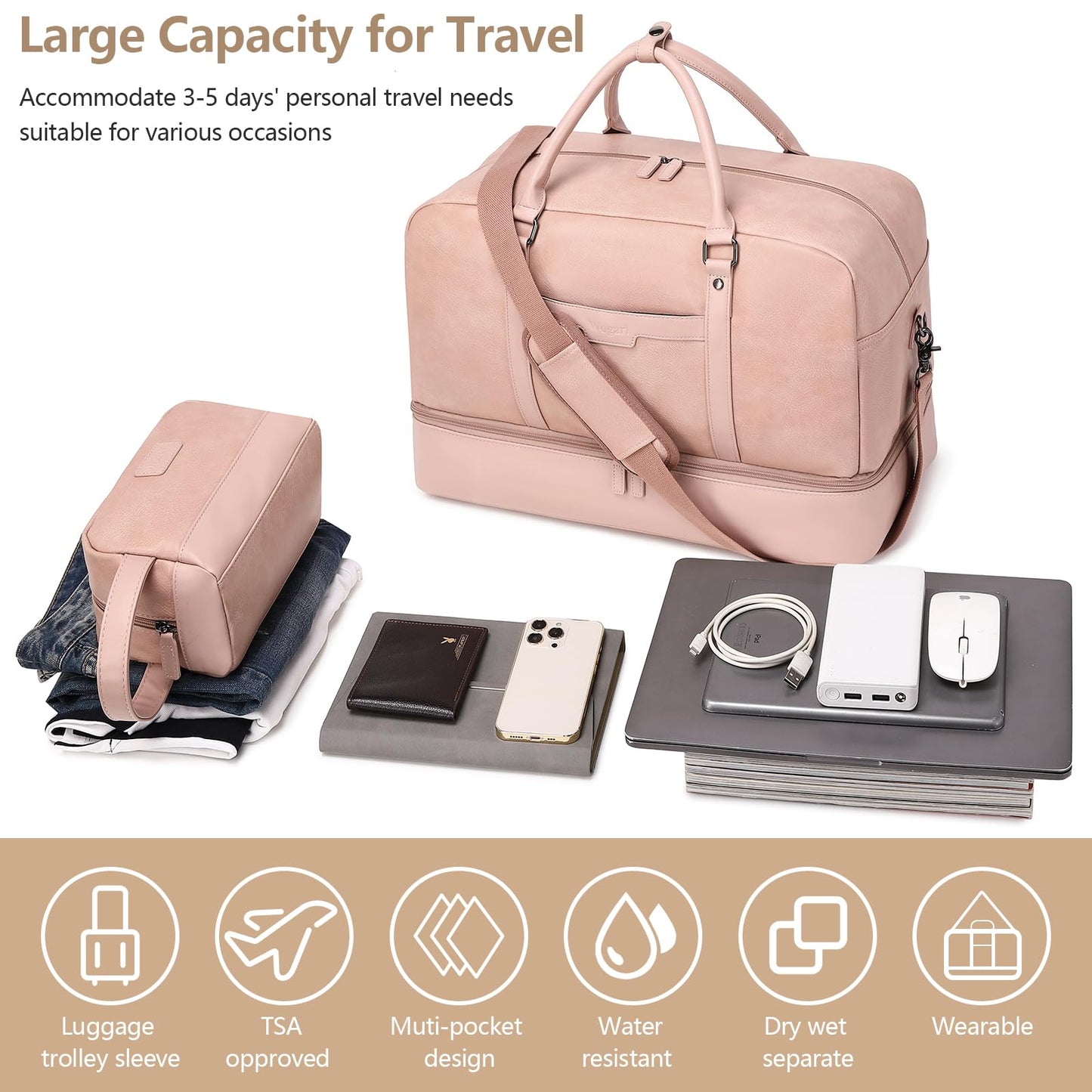 Wogarl Weekender Bag for Women Men Large Overnight Bag Travel Duffel Bag, Pink