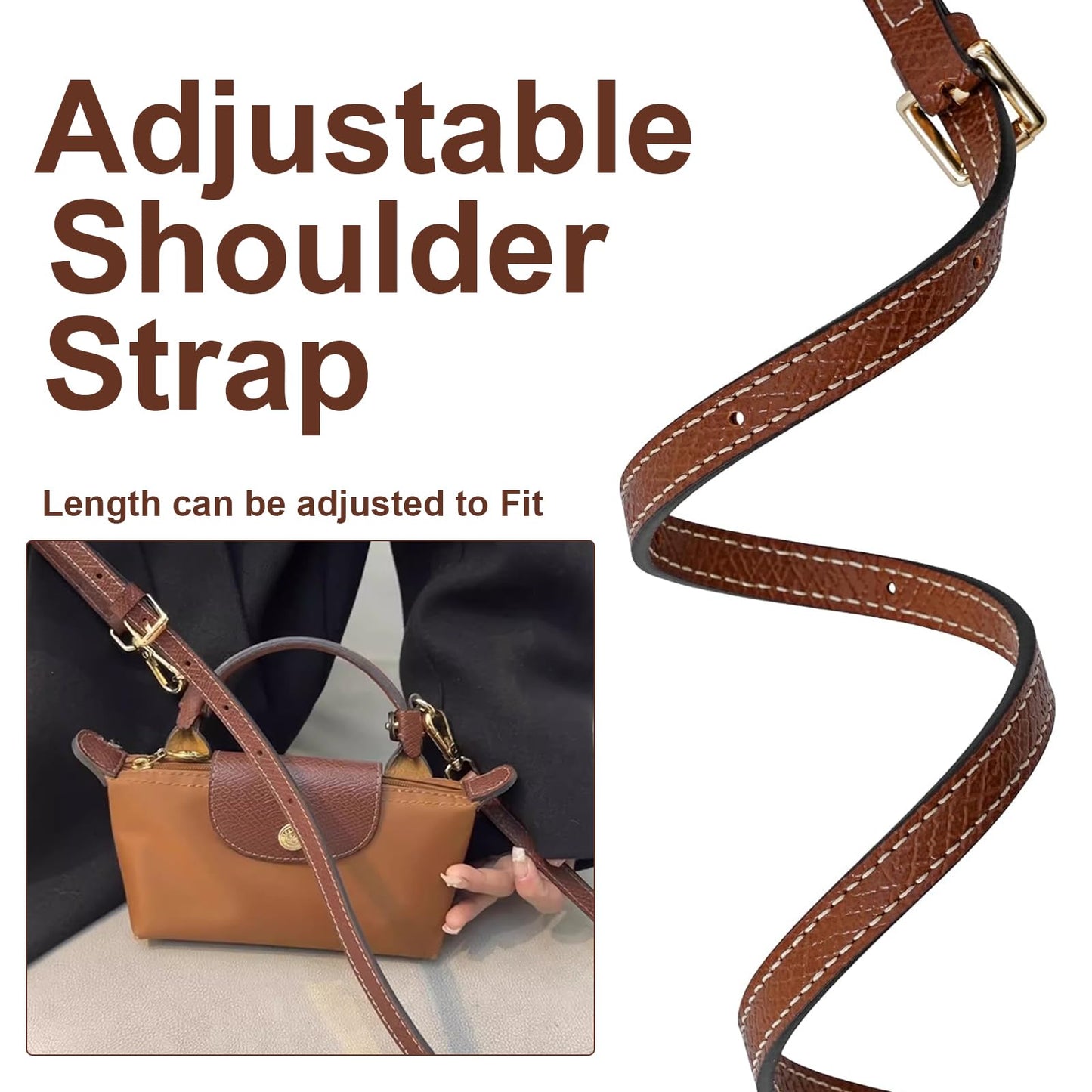 LOUKAYCCI 2 Kit Mini Bag Leather Shoulder Strap and Felt Purse Organizer Insert for Longchamp mini XS Bag Punch-Free Adjustable Buckle Design（Beige & Strap）