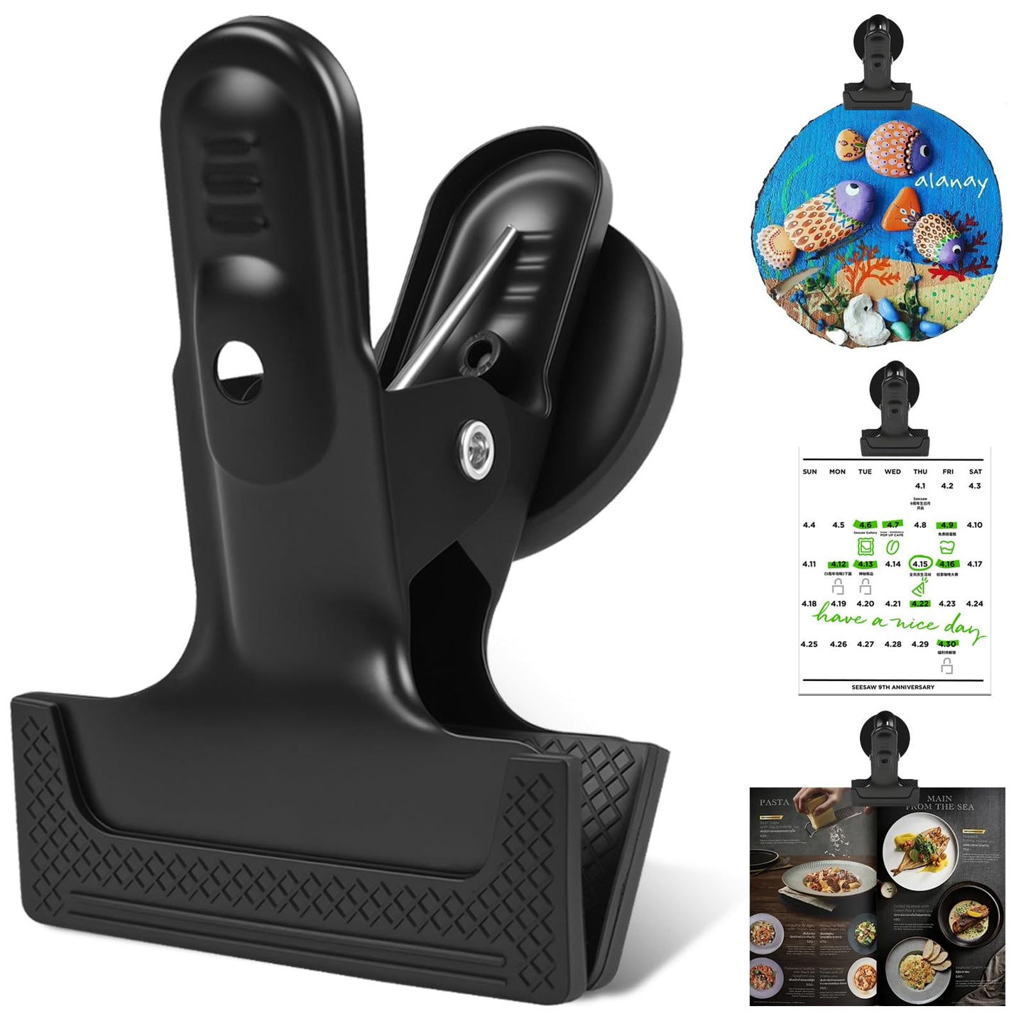 joaoxoko 3 Pack Heavy Duty Magnetic Clips 1.5 Inch Opening with Anti-Scratch Pads,Alloy Steel Rustproof Clip Securely Grip Tools, Flags, Blueprints for Home Office, Artist Studio (Black 3pcs)