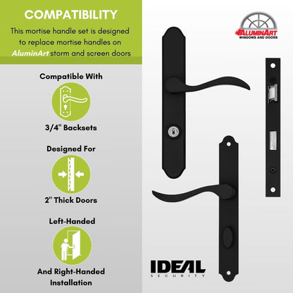 Ideal Security MCMB Curved Mortise Lock Set, Exclusive Replacement for AluminArt Storm Doors and Screen Doors, Adjustable 3/4" Backset, Matte Black
