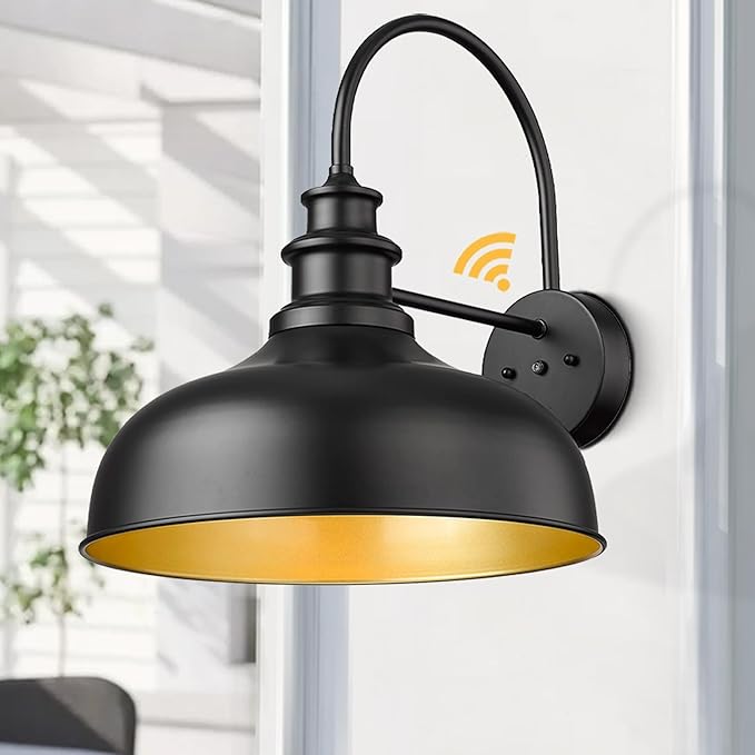 Bestshared 16 Inch Dome Large Dusk to Dawn Sensor Gooseneck Barn Light Farmhouse Outdoor Wall Sconce Industrial Exterior Wall Lighting Fixture, Outside Lantern Garage Lamp(Black+ Gold, 16” Dome-2Pack)