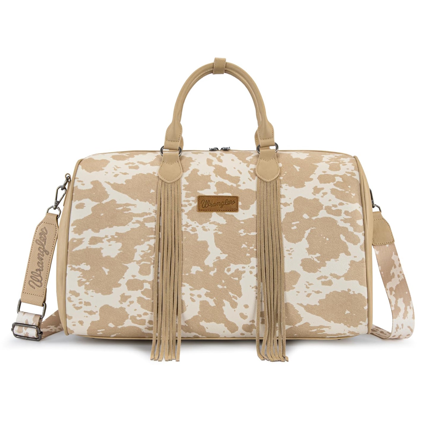 Wrangler Rustler Wildside Cow-Print Weekender Duffel Bag Large Carry On Bags with Tassels, Tan