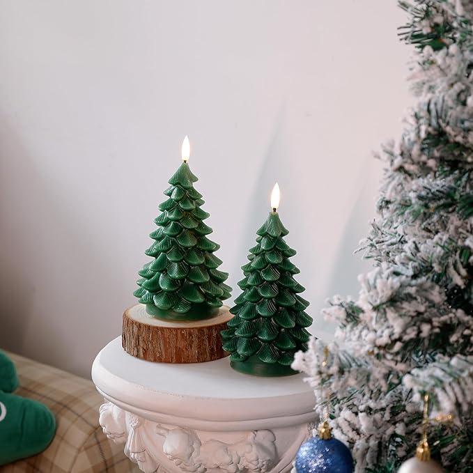 Christmas Tree Candles with Remote, Green Battery Operated Candles with Flickering 3D Wick, Real Wax LED Flameless Candles for Holiday Table Centerpiece, Xmas Eve Party Decor, 2 Pack