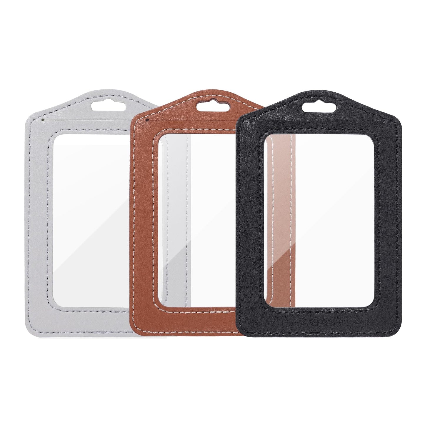 Vividwise 3 Pcs Vertical Leather Badge Holders, Black/Brown/Gray ID Holder for Lanyard, Waterproof Clear Card Holder for School ID Office ID, ID Protector for Women,Men