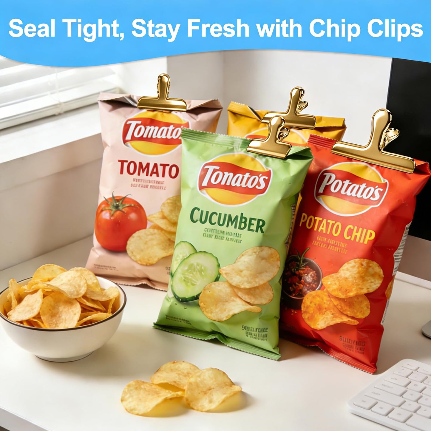 Chip Clips, 18 Pack Stainless Steel Bag Clips, 1.57'' Heavy Duty Snack Bread Coffee Clip, Air Tight Seal Food Clip Clamp Office Paper Clamps for Food Packages, Kitchen, Office, Home, Fridge Gold