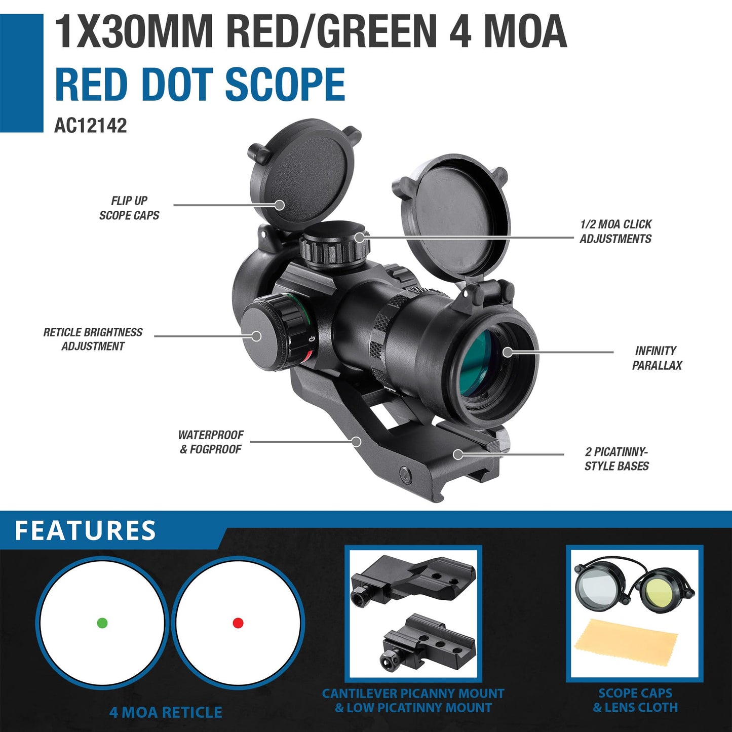 Barska 1x30mm Red Dot Sight – 3.5 MOA, Adjustable Brightness, for Handguns, Rimfire Rifles, Shotguns, Crossbows, with Weaver Mount & Multi-Coated Optics
