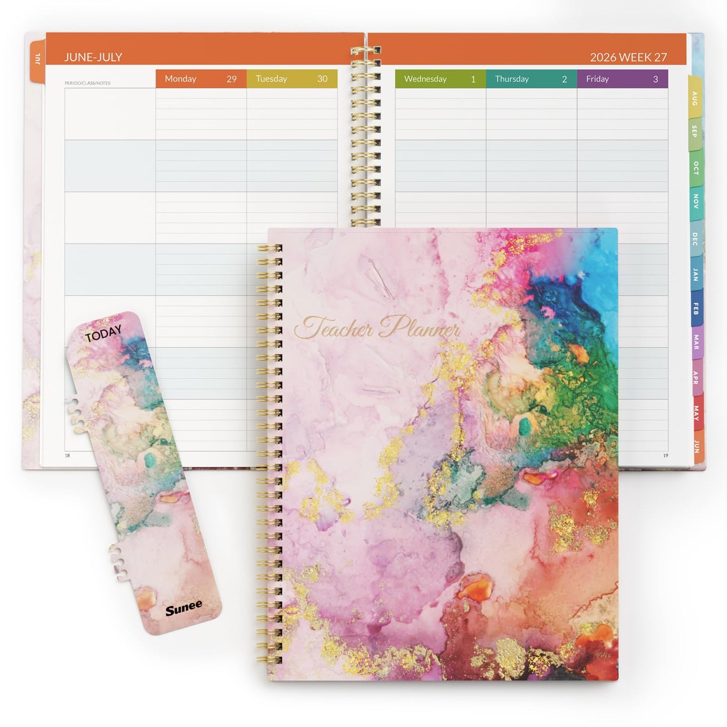 SUNEE Teacher Planner 2026-2027 Academic Year, 7 Periods Lesson Plan Book Jul 2026 - Jun 2027, 8.5"x11" Weekly Vertical Layout Monthly Organizers with Calendars, Bookmark, Waterproof Cover,Pink Marble