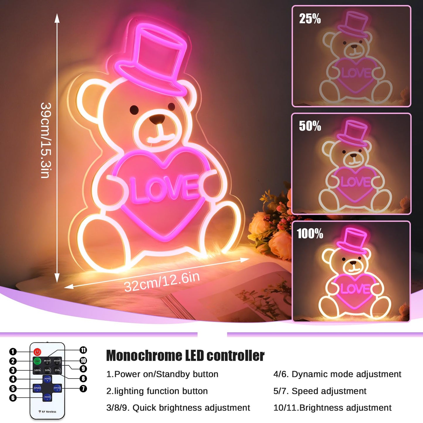 RumonZS 15" Valentines Day Cute Bear Neon Sign Pink Love Heart Neon Light for Wall Decor Dimmable USB Led Sign Bear Neon Lights Bedroom Wedding Anniversary Decor Birthday Gift for Girlfriend