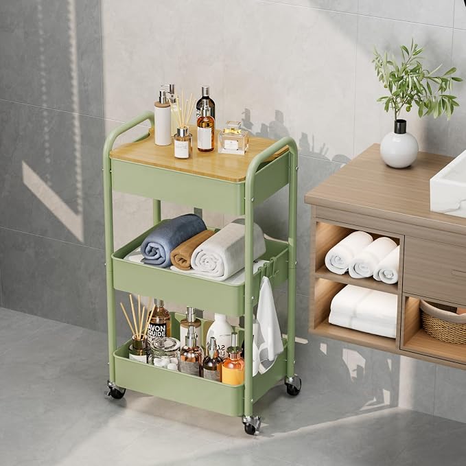 3 Tier Rolling Cart with Table top, Metal Rolling Utility Cart, Sturdy Storage Organizer Cart with Locking Wheels & Hooks for Office, Classroom, Kitchen and Bathroom