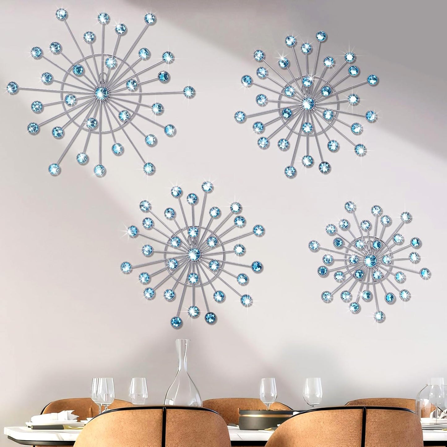 Primst Starburst Star Wall Decor, 4 Pcs Bling Crystal Wall Decor, Metal Wall Art, Iron Rhinestones Sunburst Home Decorative for Living Room Bedroom Entryway Office