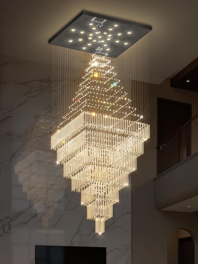 Flashing God D59''X H120'' Extra Large Chandeliers for High Ceilings Black Square Chandeliers Crystal Raindrop Chandelier for Villa Entrance Foyer LED Dimmable 2700K-6000K