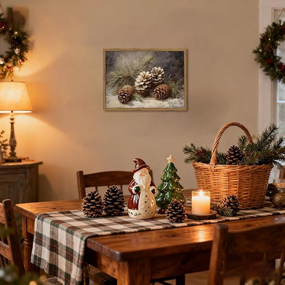 Framed Vintage Christmas Canvas Wall Art, Pine Cones Wall Decor Paintings, Winter Holiday Aesthetic Pictures Prints Rustic Home Decor for Living Room Bedroom Farmhouse 8×10 inch