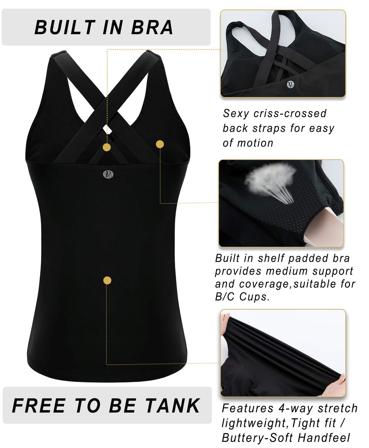 RUNNING GIRL Women's Workout Tank Top,Built in Shelf Sports Bra Strappy Back Compression Athletic Shirts（BX2680.Black.M）