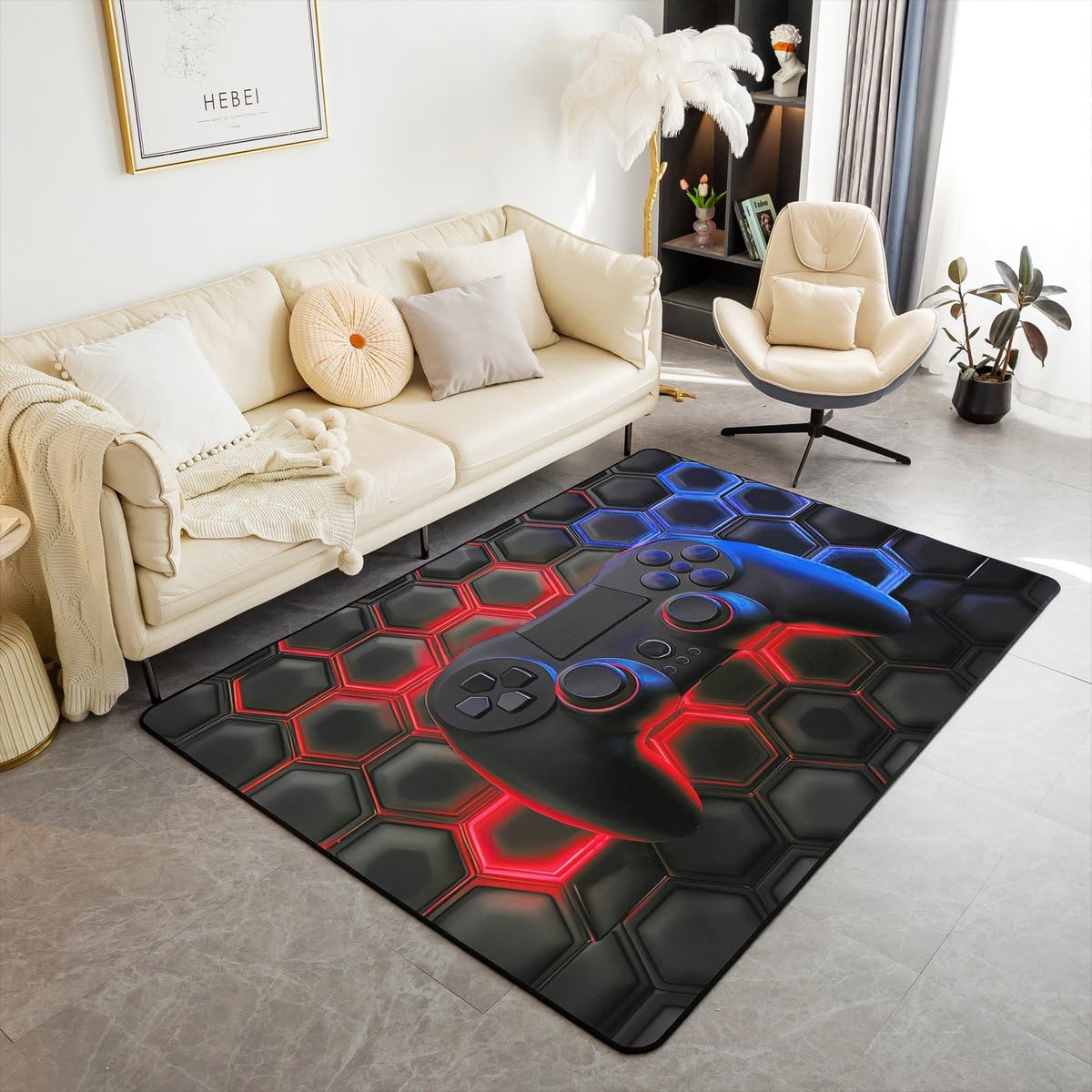 Erosebridal Game Console Rectangular Decorative Washable Rug for Boys Girls Kids,Space Universe Gaming Area Rug 3x5,Video Games Carpet,Game Room Decor Indoor Floor Mat Red Blue Honeycomb