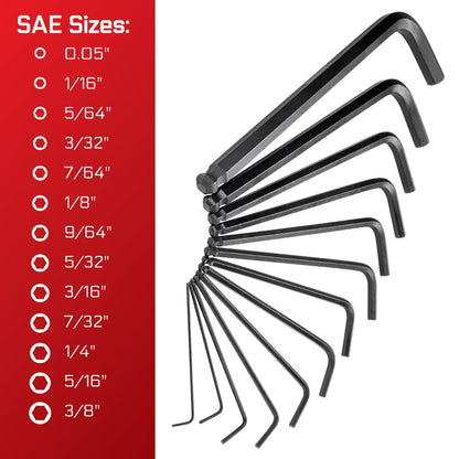 35-Piece Long Arm Ball End Hex (Allen) Key Wrench Set, Metric, SAE and Torx Keys, S2 Steel, 1.27mm to 10mm, 0.05 to 3/8 in, and T10 to T50, for Automotive, Bicycle, Household and Furniture Repair