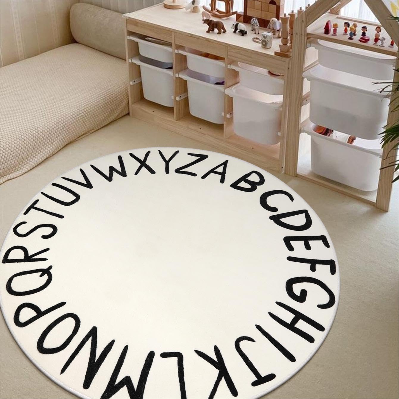 LIVEBOX ABC Play Room Round Rug Alphabet Play Mat, Circle Washable Rug Educationa Nursery Rug for Baby Boy and Girl Room, Non-Slip Learning Carpet for Children Playroom Classroom (47",Black,Beige)