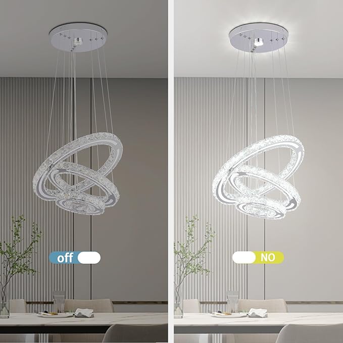 FRIXCHUR LED Chandeliers Crystal Chandelier Modern Ceiling Light Fixture 3 Ring Adjustable Pendant Light Chandelier for Bedrooms Living Room Dinning Room (Cool White)