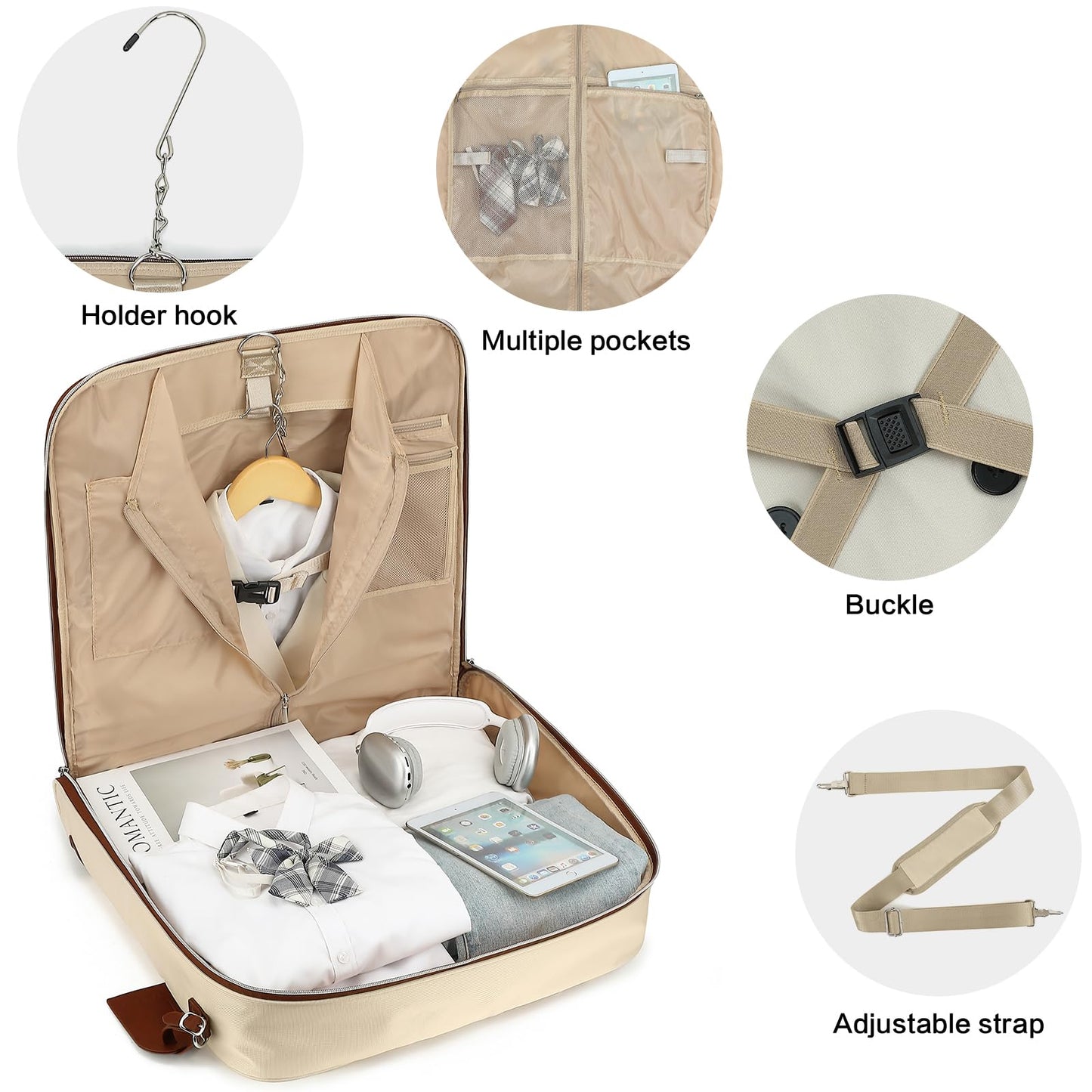 TONRUYN Travel Garment Bag Carry on Suit Bag for Women 51'' Waterproof Garment Bags Dress Bag for Travel Business Hanging Suitcase Luggage with Shoulder Strap Free shoes bag Fit 15.6'' Laptop, Beige