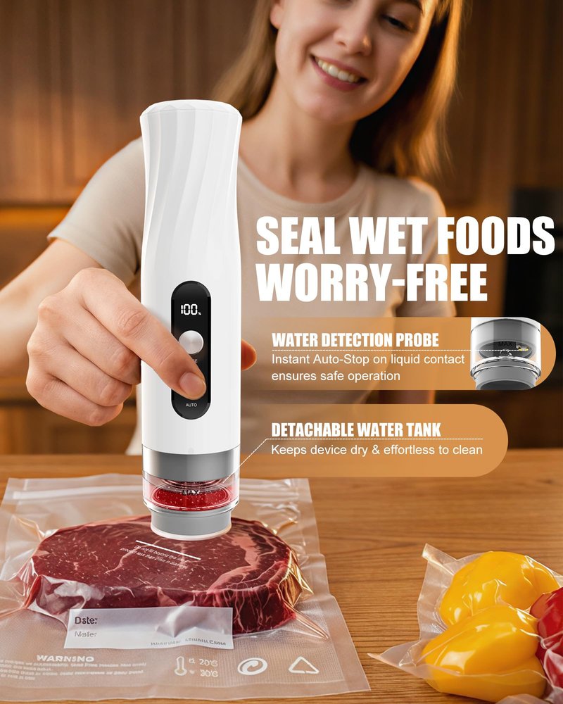RIWUSI Portable Vacuum Sealer for Food with Visible Water Tank, 60kPa Powerful Handheld Vacuum Sealer Machine, One-Touch Auto Seal & Pulse Mode for Delicate Foods, Includes 20 Reusable Bags