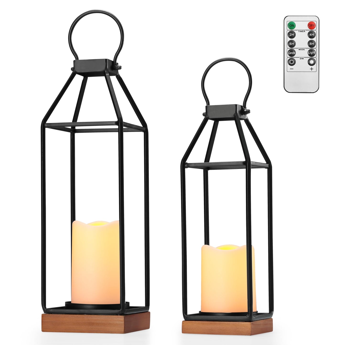 Perfnique Metal Lanterns w/ Pine Wood, Set of 2 Farmhouse Lantern Decorative w/ Waterproof Flameless Candle & Remote Timer, Modern Farmhouse Candle Holder for Outdoor, Porch, Fireplace(Wood Base)