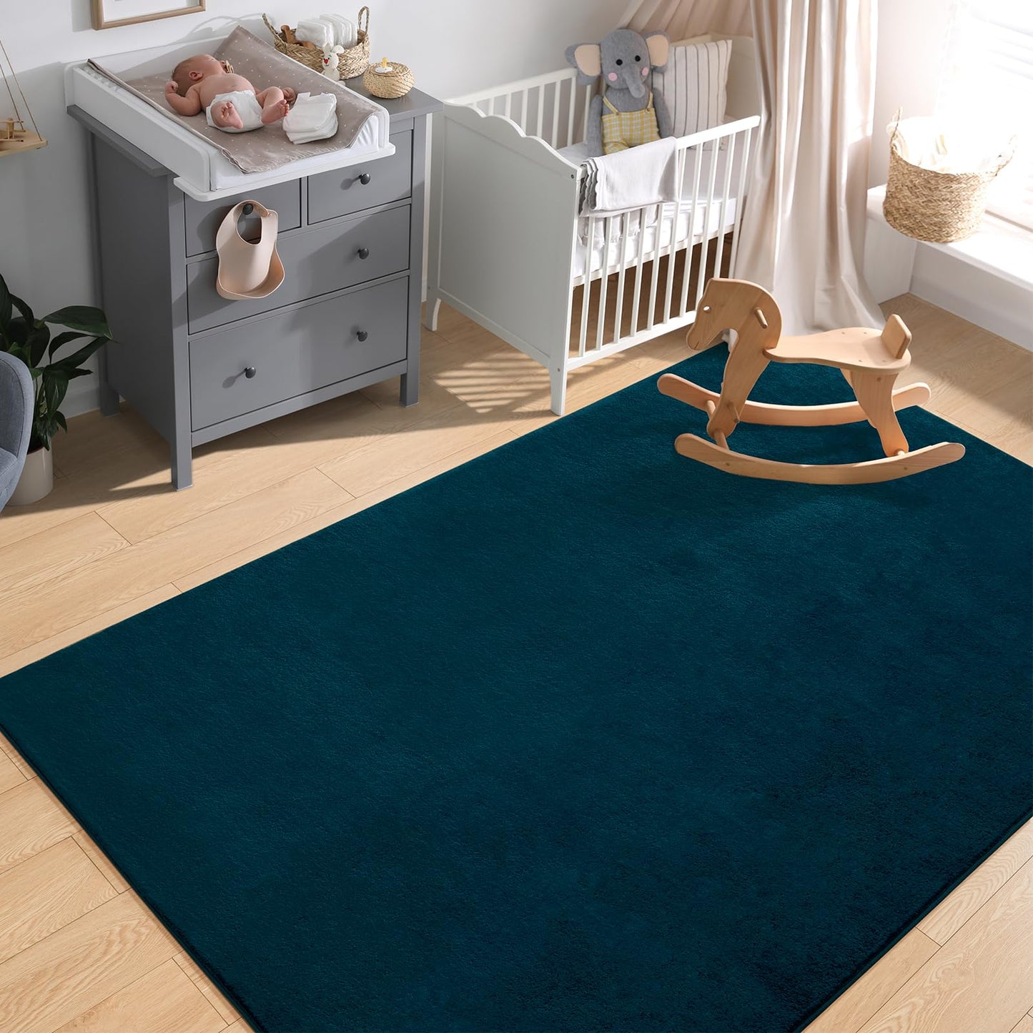 Softlife Navy Blue Area Rug for Bedroom Living Room, Solid Non-Slip 5x7 Fluffy Carpet with Soft Low Pile for Kids Boys Girls, Machine Washable Fuzzy Aethetic Rugs Home Dorm Decor