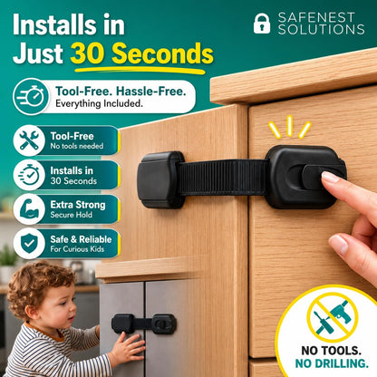 SAFENEST Child Proof Cabinet Locks (5 Pack Black) 3M Adhesive for Cabinets and Drawers, Fridge, Drawer Locks Baby Proofing, No Drilling; Alcohol Prep Pads Included
