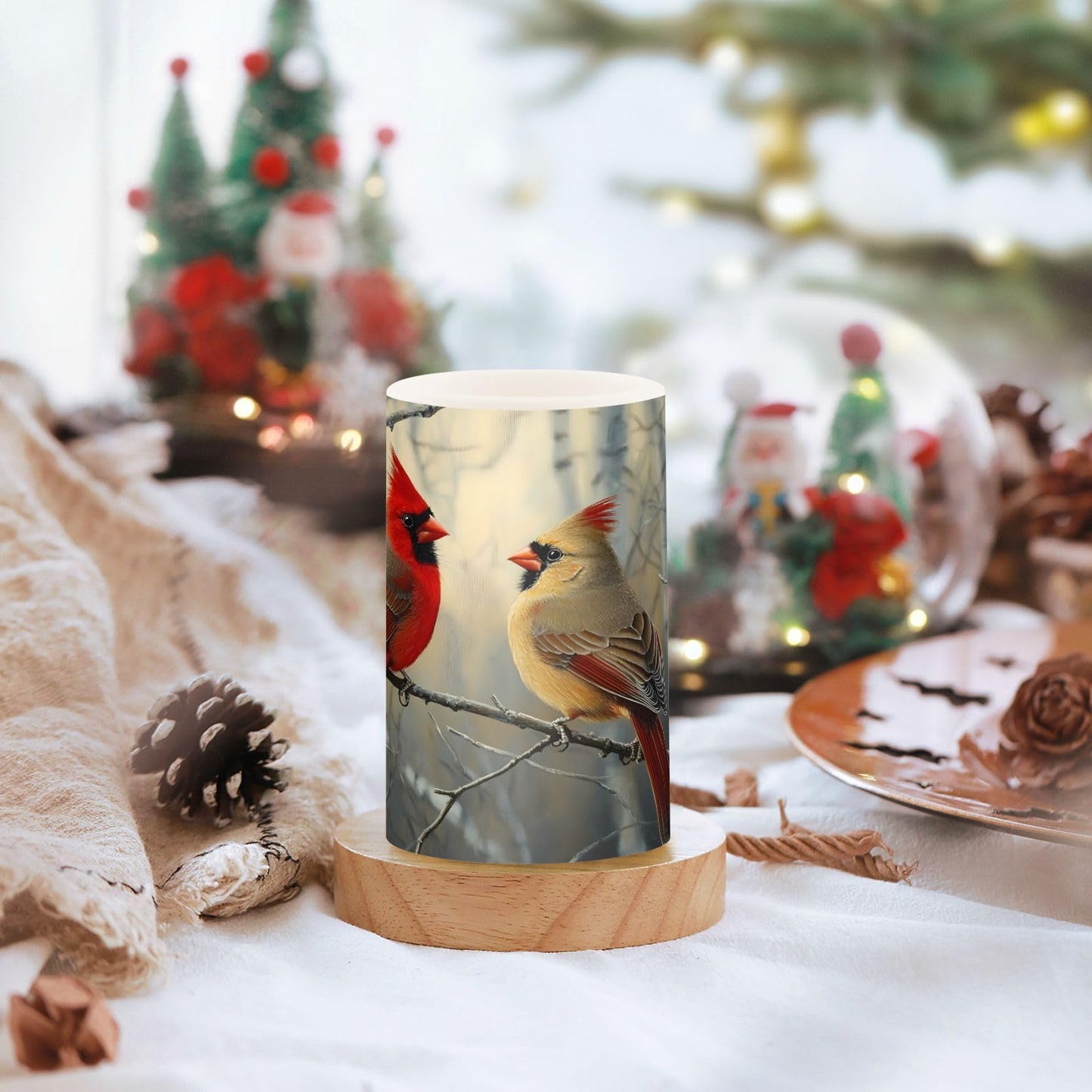 ALAZA Autumn Winter Red Birds on Birch Tree Flickering Flameless Candles Battery Operated with Remote Timer,Tea Light Candles LED Pillar Votive Candles Set of 2 for Outdoor Indoor Decorations
