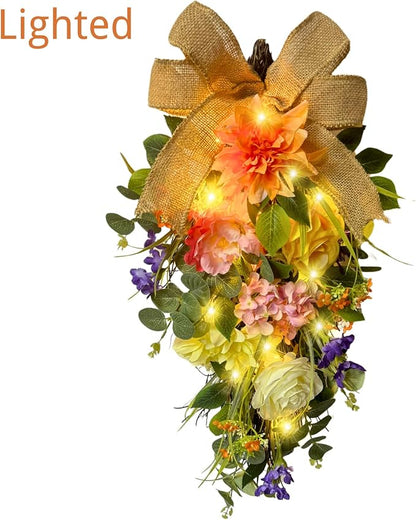Spring Summer Floral Teardrop Swags Lighted Mixed Flower Teardrop Wreath with Dahlia Pinnata Peonies Rose Burlap Bow and Eucalyptus Leaves Floral Arrangement for Door Wall Mantel Window