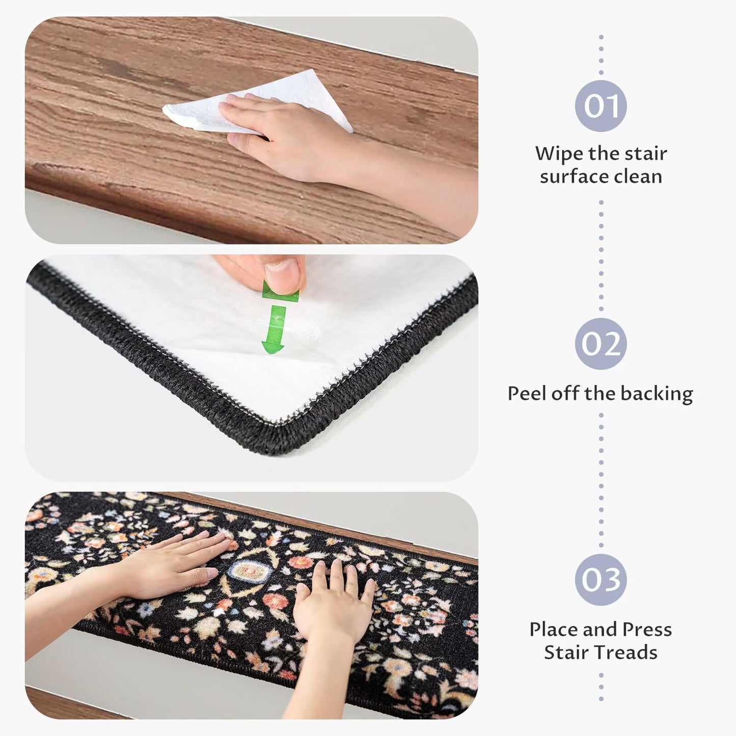 RORA Bullnose Carpet Stair Treads Non-Slip Stair Treads for Wooden Steps,Washable Stair Carpet,Floral Stair Rugs,Runner Indoor Stair Mats for Pets Elder,14pcs,29.5 ''x9.5 ”x1.5 '',Black