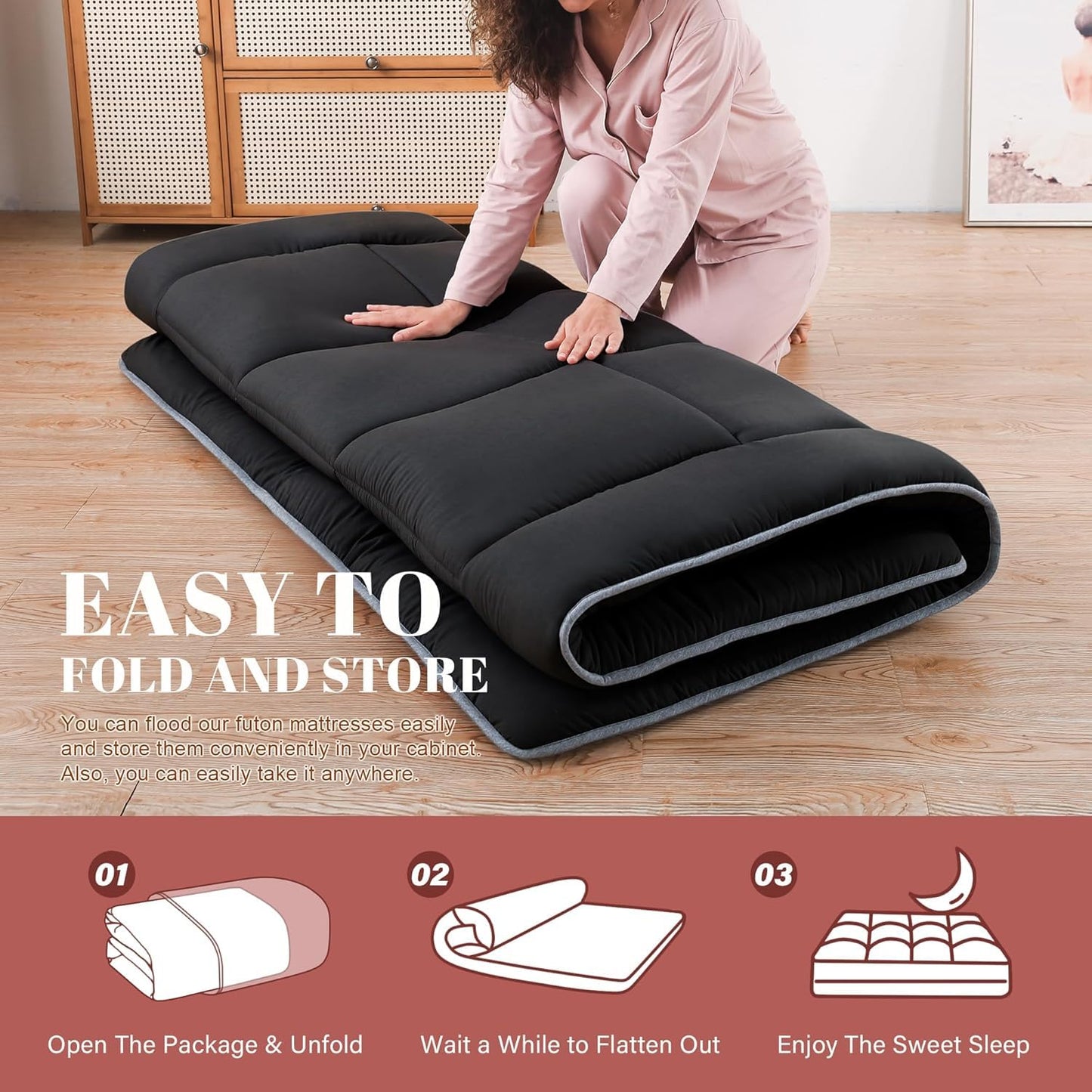 WhatsBedding Japanese Floor Mattress Futon Mattress 3" Black Tatami Mat Shredded Memory Foam Filled Sleeping Pad, Foldable & Portable Roll Up Lounger Camping Bed for Kids and Adult,Queen Size 60"x 80"