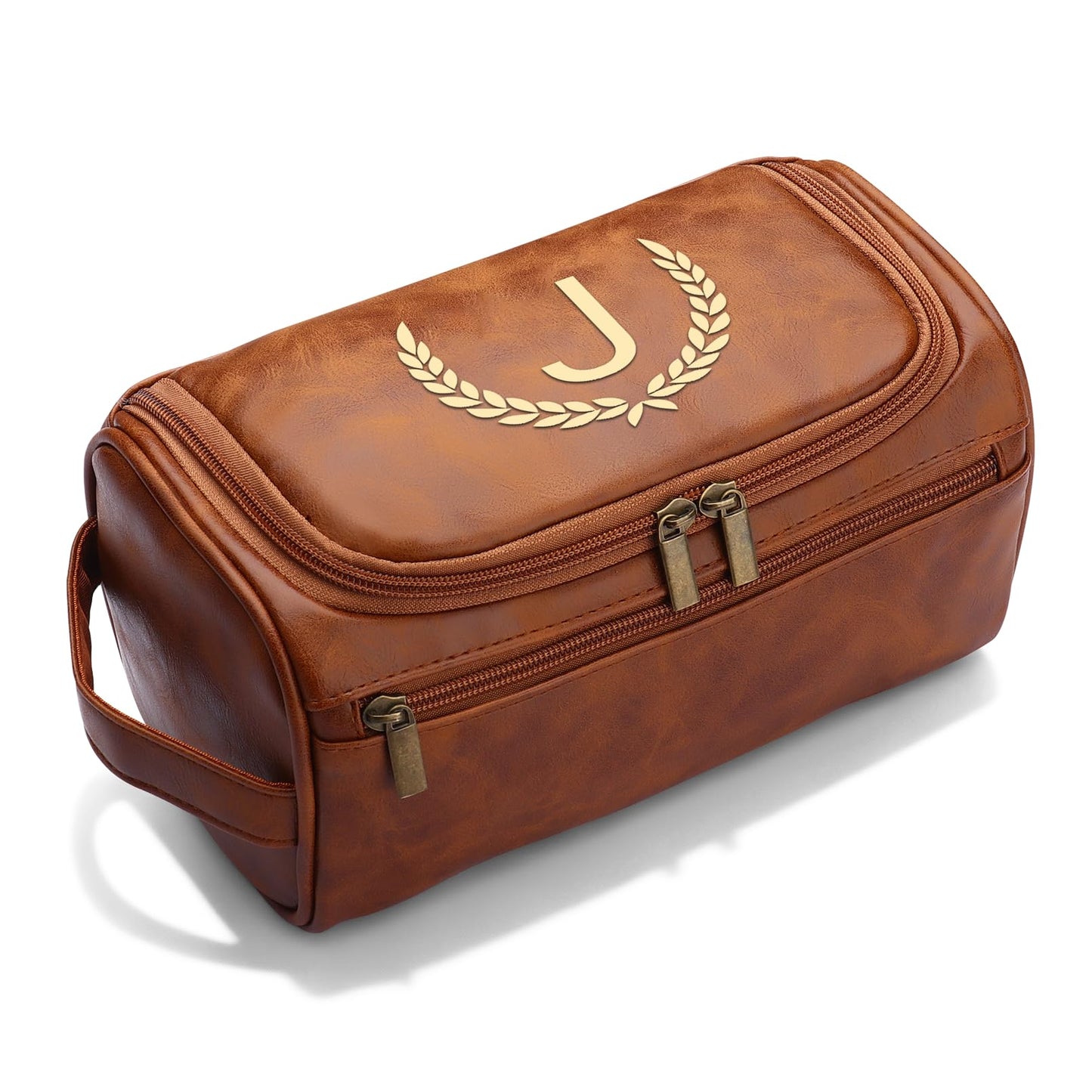 OXYEFEI Personalized Toiletry Bag for Men,Personalized Gifts for Men,Engraved Initial PU Leather Mens Toiletry Travel Shaving Travel Essentials Toiletries Bag for Him Birthday (J, Light Brown)