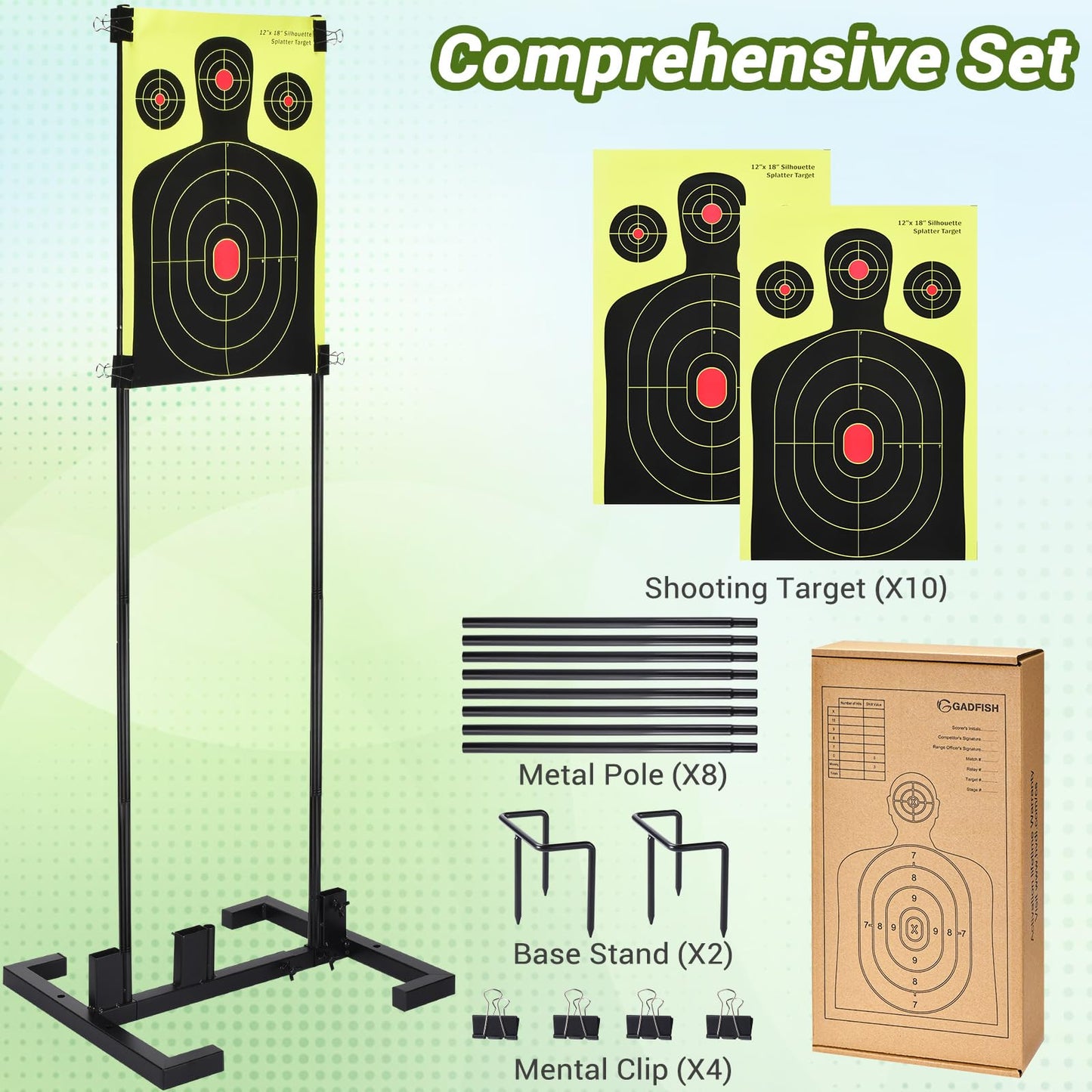 Shooting Target Stand Set, Adjustable Shooting Target Stand with 10pcs Paper Targets, Two Mounting Options for Outdoors, Stable Paper Holder with Metal Poles and Ground Nails (Black)