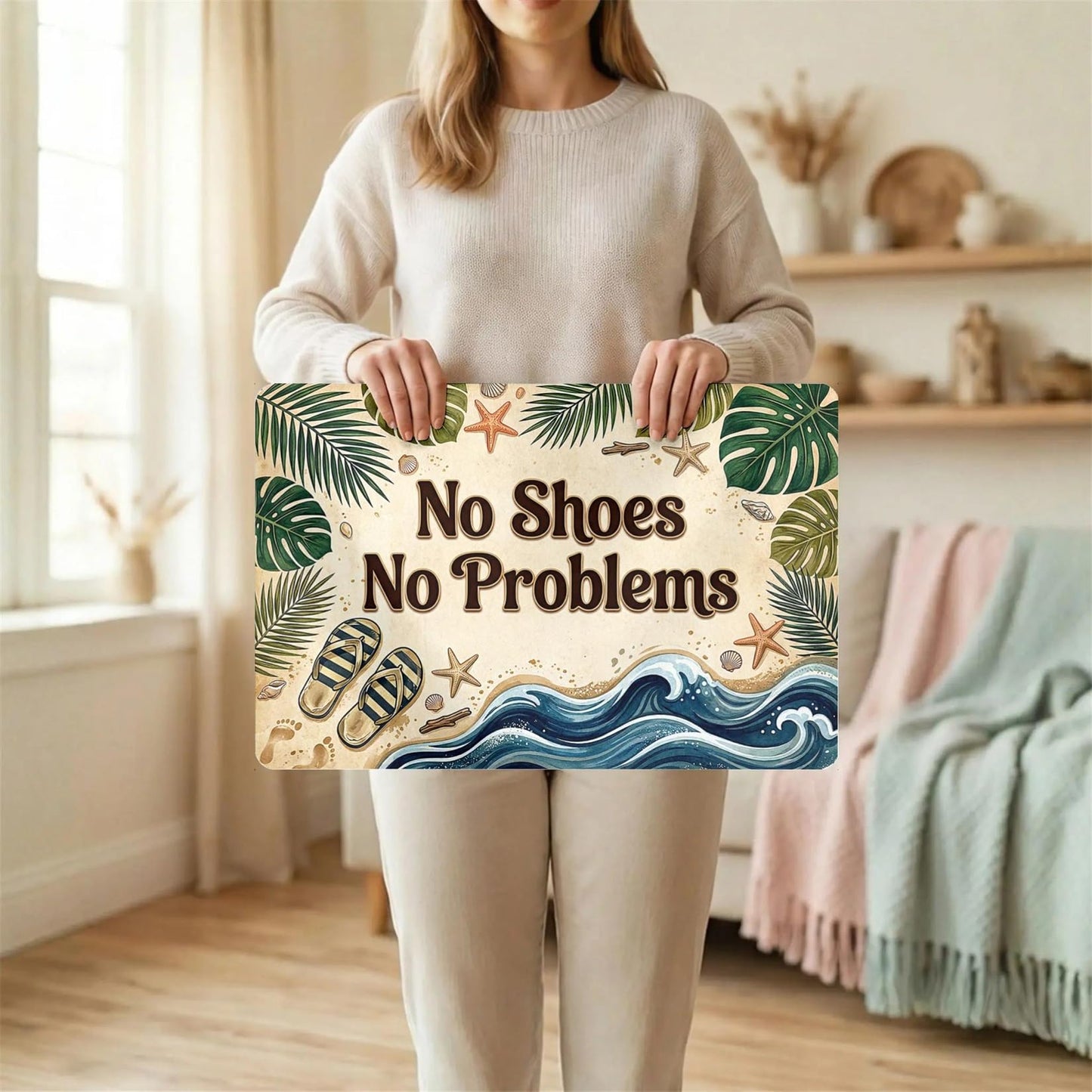 KITAIOPT Beach Theme Doormat, Low Profile Non Slip Rubber Backing, No Shoes No Problems Entrance Mat, 0.12" (3mm) Thin Indoor Floor Mat for Front Door