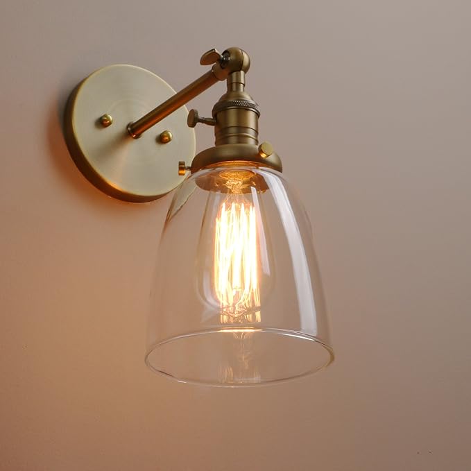 Pathson Loft Vintage Wall Light Dia 5.6" Wall Lamp with Oval Clear Glass Shade Design Vintage Industrial Home Wall Light Metal Base Cap Fixture Flush Mount Wall Sconce Lights (Brass)