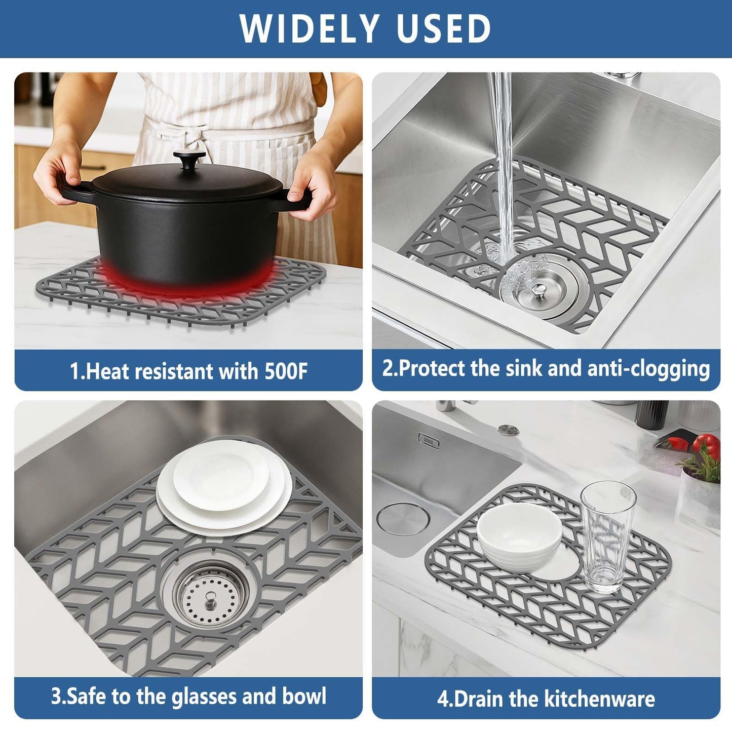 AWOKE Silicone Sink Protectors for Kitchen Sink, 12" x 11" Mat for bottom of sink, Center Drain Hole, Protect from Stains, Scratches, Dishwasher Safe Grid for Kitchen (2 Pack, Gray)