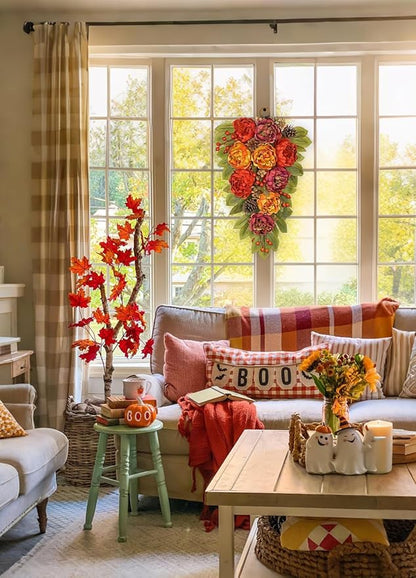 Fall Teardrop Swag with Peonies – 23.6 Inch Artificial Hanging Floral Wreath with Berries & Leaves for Thanksgiving Autumn Decoration