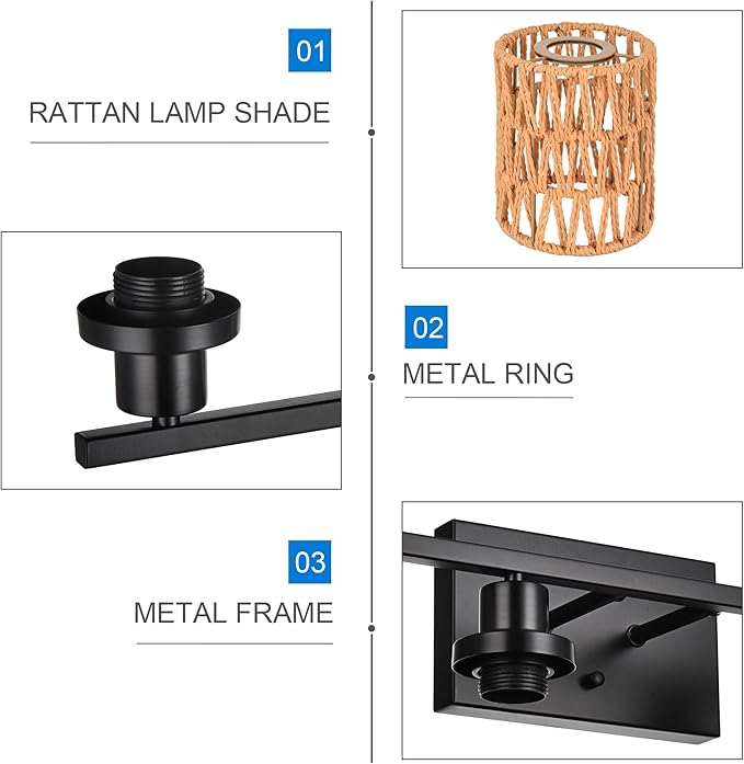 MELUCEE Farmhouse Bathroom Light Fixtures Rattan Wall Sconce 5 Light Bathroom Vanity Light with Rattan Lamp Shade, Black Finish, Suitable for Kitchen Hallway Living Room, 40.6 Inches Length