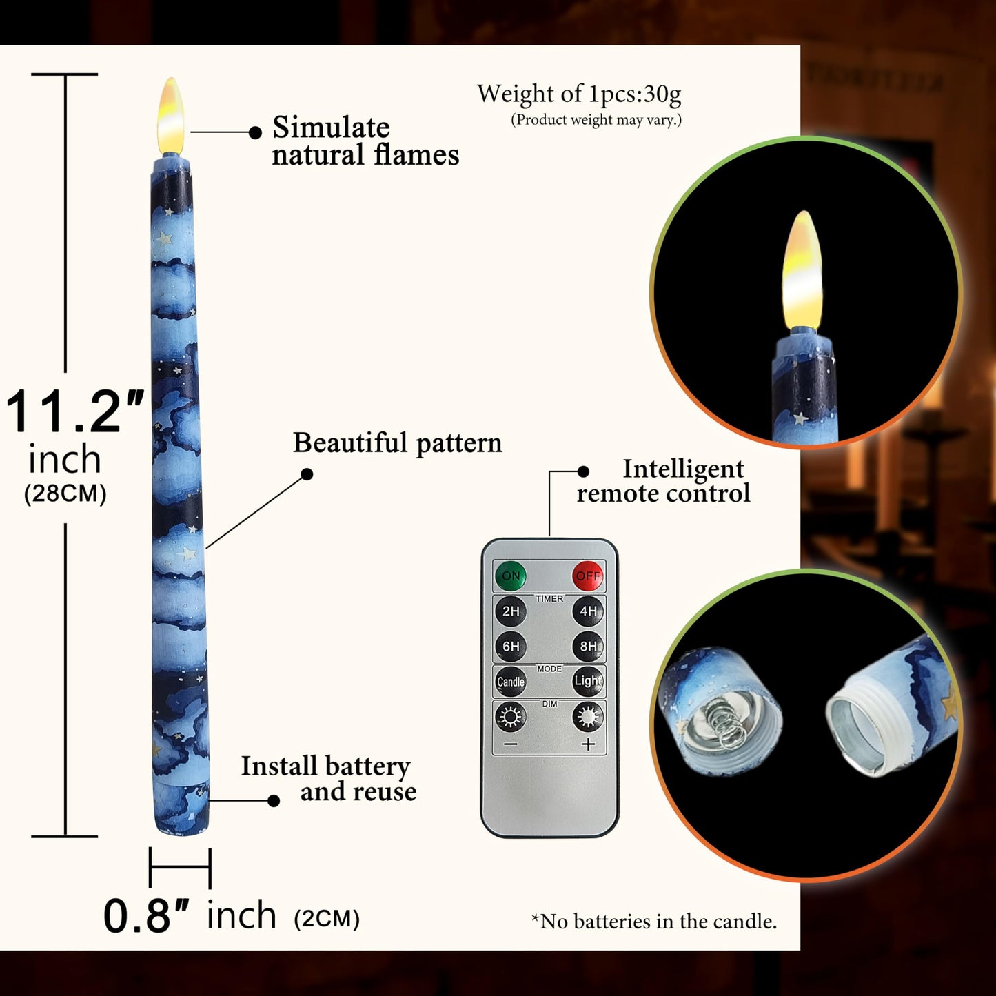 FCMSHAMD 6PCS Starry Sky Flameless Taper Candles, 11 Inch LED Candlesticks Battery Operated with 11-Key Remote and Timer, 3D Flickering Flame Lights for Wedding Party Home Decor Gifts