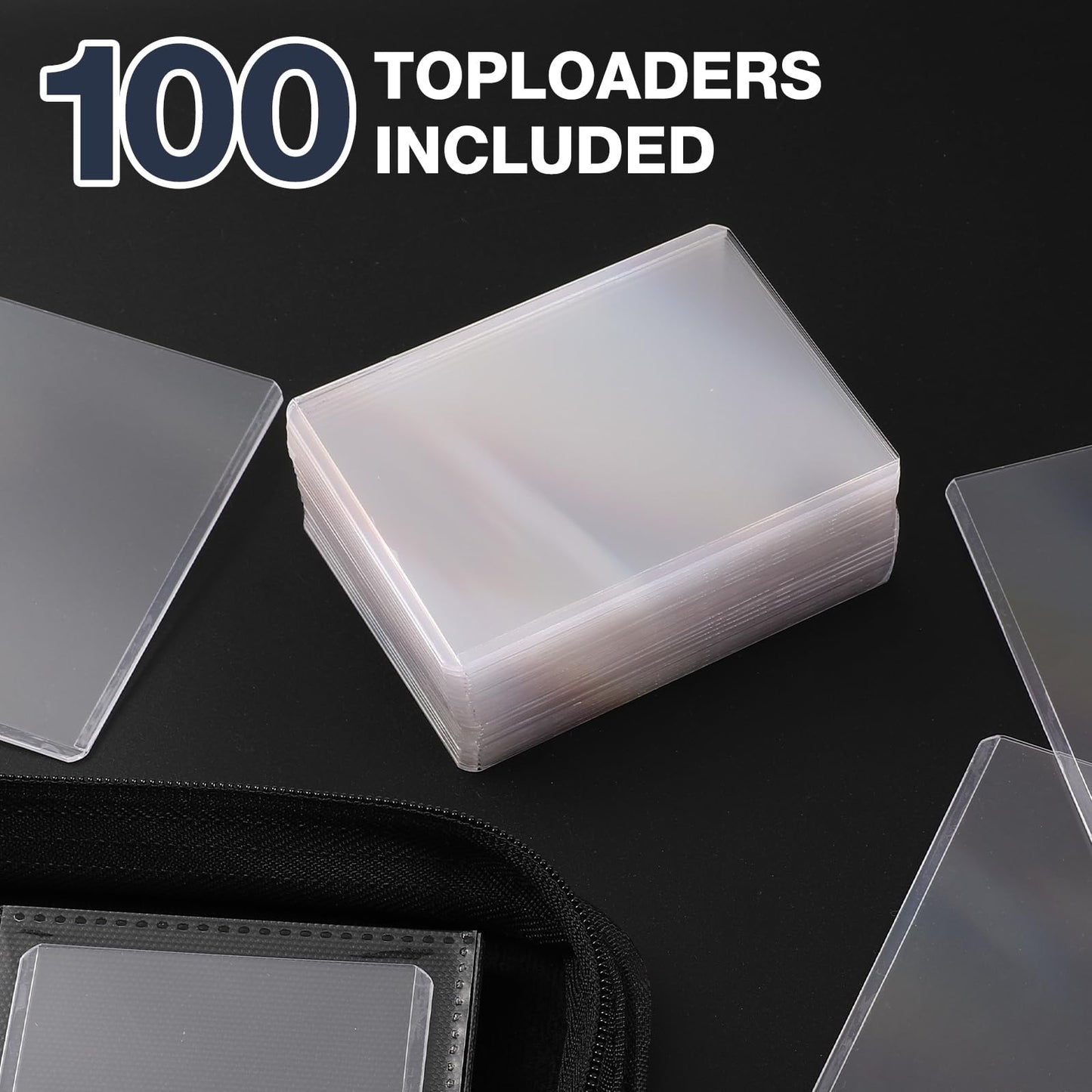 Toploader Binder, Holds 160 Toploaders, 100 Toploaders INCLUDED, 4-Pocket PU Cover Top Loader Binder for 3" x 4" Rigid Toploader, Ringless Double-Sided Toploader Card Binder for TCG, Sport Cards